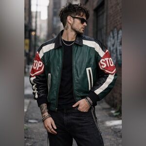 Rare Vintage 80s Phase 2 Leather “STOP Sign” Bomber Jacket